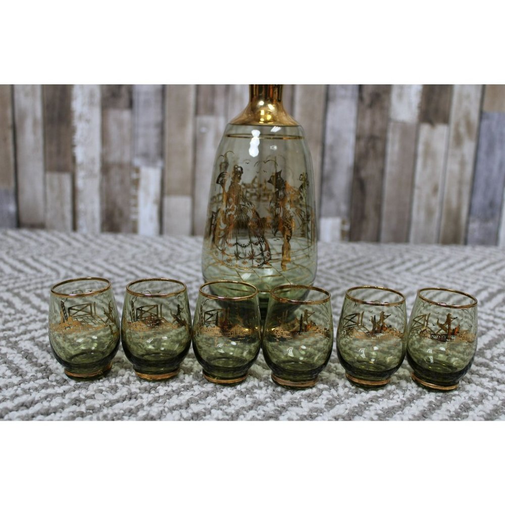 Vintage Glass Decanter Set With 5 Matching Shot Glasses - Picture 2 of 13